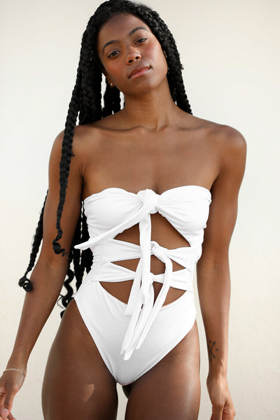 Lace Up One Piece White Swimsuit